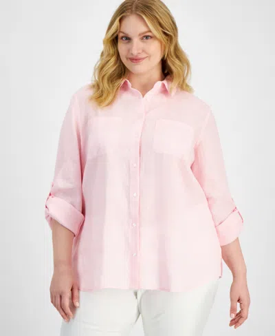 Charter Club Plus Size 100% Linen Roll-tab Shirt, Exclusively At Macy's In Frosty Mauve