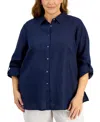 Charter Club Plus Size 100% Linen Roll-tab Shirt, Exclusively At Macy's In Intrepid Blue