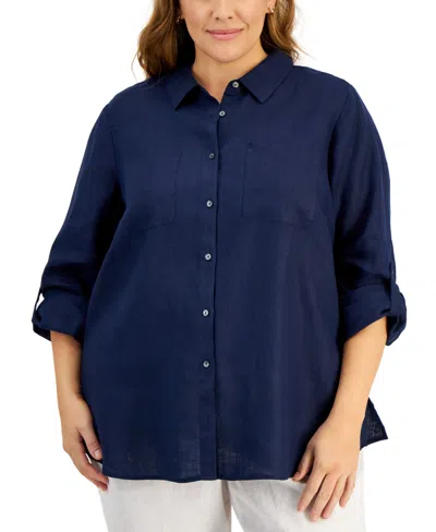 Charter Club Plus Size 100% Linen Roll-tab Shirt, Created For Macy's In Intrepid Blue
