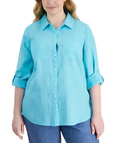Charter Club Plus Size 100% Linen Roll-tab Shirt, Created For Macy's In Light Pool Blue