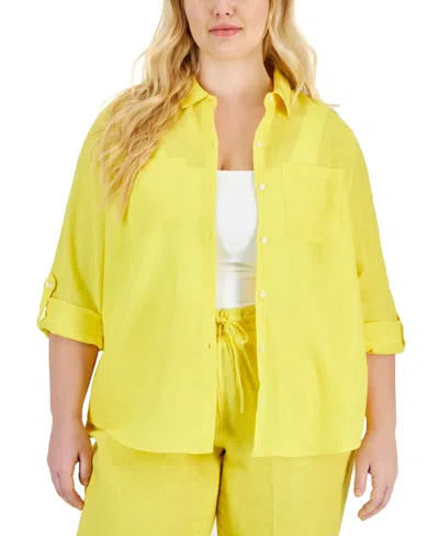 Charter Club Plus Size 100% Linen Roll-tab Shirt, Created For Macy's In Primrose Yellow