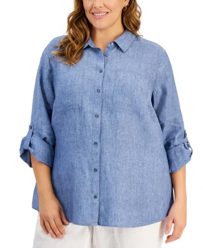 Charter Club Plus Size 100% Linen Roll-tab Shirt, Exclusively At Macy's In Blue Ocean