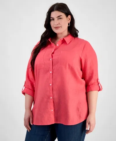 Charter Club Plus Size 100% Linen Roll-tab Shirt, Exclusively At Macy's In Coral Flash