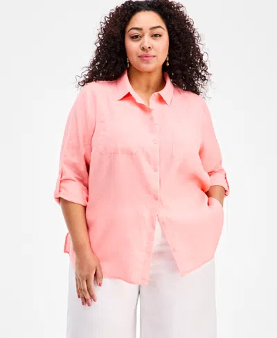 Charter Club Plus Size 100% Linen Roll-tab Shirt, Exclusively At Macy's In Pink