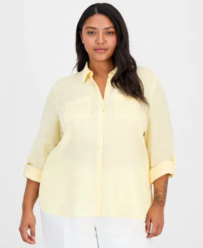 Charter Club Plus Size 100% Linen Roll-tab Shirt, Exclusively At Macy's In Yellow