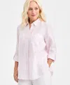 Charter Club Plus Size 100% Linen Striped Button-front Shirt, Macy's Exclusive In Pink