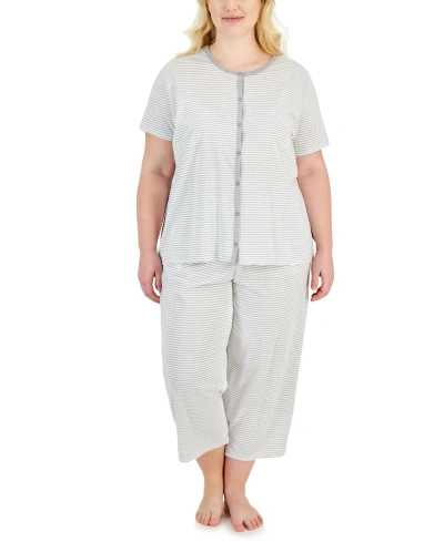 Charter Club Plus Size 2-pc. Cotton Button-down Pajamas Set, Created For Macy's In Heather Feeder Stripe