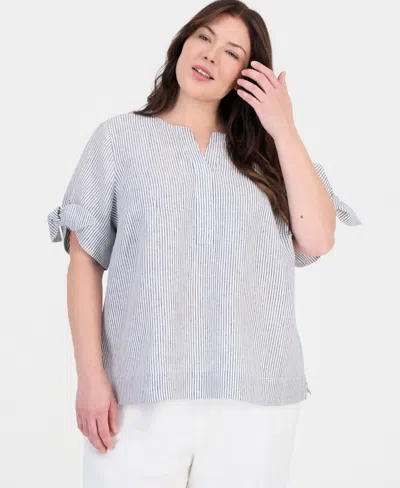 Charter Club Plus Size Beach Stripe Tie-sleeve Linen Blouse, Macy's Exclusive In Blue