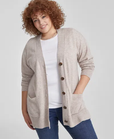 Charter Club Plus Size Cashmere Button-front Cardigan, Created For Macy's In Pearl Taupe Heather