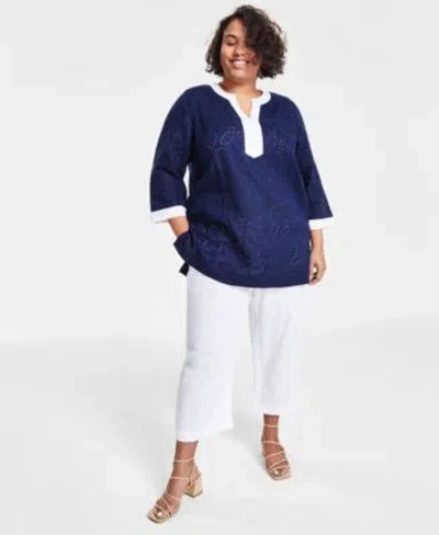 Charter Club Plus Size Contrast Trim Top Cropped Pants In Intrepid Blue