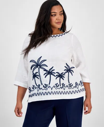 Charter Club Plus Size Corded Embroidered Linen Top, Exclusively At Macy's In Bright White