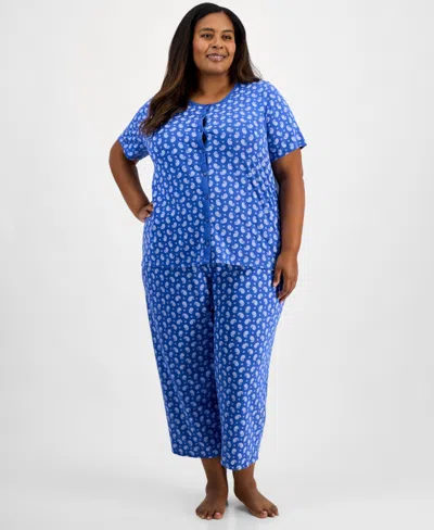 Charter Club Plus Size Cotton Essential Button-down Pajama Set, Created For Macy's In Black