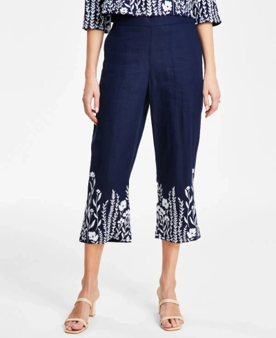 Charter Club Plus Size 100% Embroidered Linen Pants, Created For Macy's In Intrepid Blue