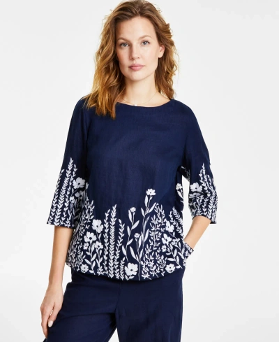 Charter Club Plus Size 100% Linen Embroidered Top, Created For Macy's In Intrepid Blue Combo