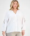 Charter Club Plus Size Embroidered-palm Linen Top, Exclusively At Macy's In Bright White