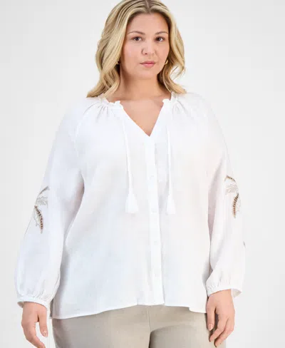 Charter Club Plus Size Embroidered-palm Linen Top, Exclusively At Macy's In Bright White