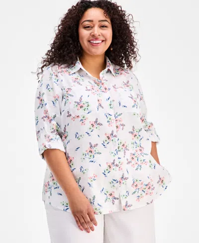 Charter Club Plus Size Garden Button-front Double Pocket Linen Shirt, Macy's Exclusive In White