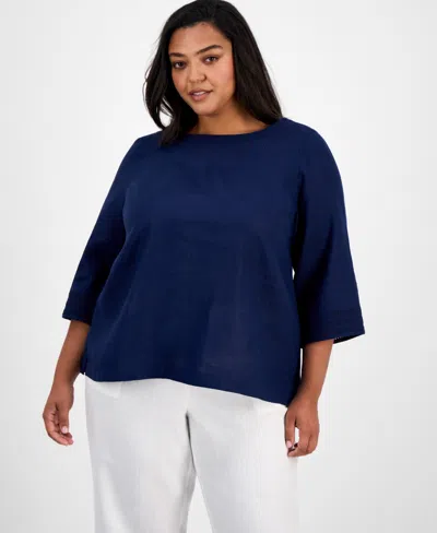 Charter Club Plus Size Ladder-trim Linen Top, Exclusively At Macy's In Intrepid Blue