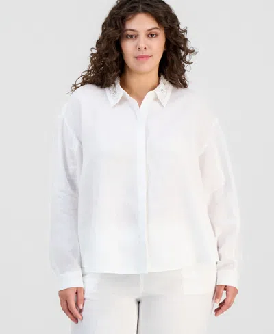 Charter Club Plus Size Linen Beaded-collar Long-sleeve Blouse, Macy's Exclusive In White