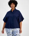 Charter Club Plus Size 100% Linen Crocheted-inset Shirt, Created For Macy's In Intrepid Blue