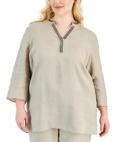 Charter Club Plus Size 100% Linen Embellished Tunic, Created For Macy's In Flax Combo