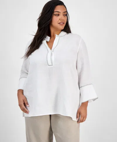 Charter Club Plus Size 100% Linen Embroidered Top, Exclusively At Macy's In Bright White