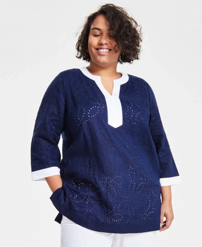 Charter Club Plus Size 100% Linen Eyelet Tunic Top, Created For Macy's In Intrepid Blue