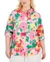 CHARTER CLUB PLUS SIZE LINEN FLORAL-PRINT ROLL-TAB SHIRT, CREATED FOR MACY'S
