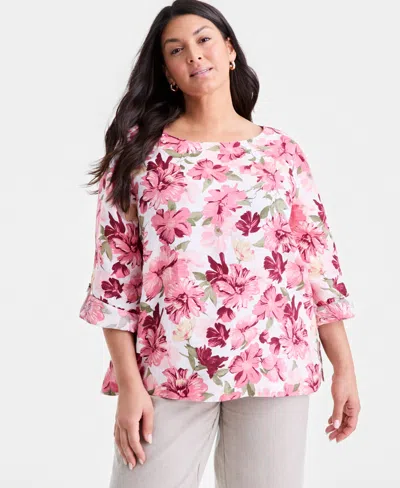 Charter Club Plus Size Linen Floral-print 3/4-sleeve Blouse, Macy's Exclusive In Multi
