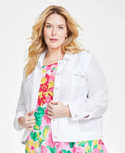 Charter Club Plus Size Linen Fringe-trim Button-up Jacket, Created For Macy's In Bright White