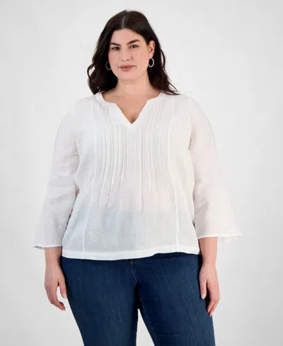 Charter Club Plus Size 100% Linen Pintucked Blouse, Exclusively At Macy's In Bright White