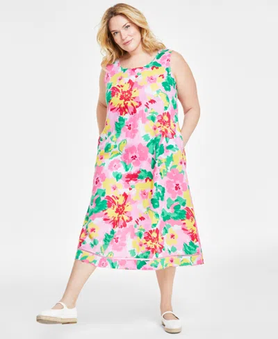 Charter Club Plus Size 100% Linen Printed Maxi Tank Dress, Created For Macy's In Buble Bath Combo