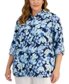 CHARTER CLUB PLUS SIZE 100% LINEN PRINTED ROLL-TAB SHIRT, CREATED FOR MACY'S