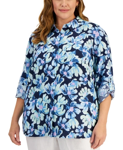 Charter Club Plus Size 100% Linen Roll-tab Shirt, Created For Macy's In Intrepid Blue Combo