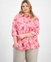 Charter Club Women's Linen Palm-print Roll-tab Shirt, Exclusively At Macy's In Pink