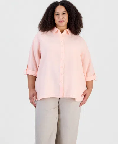 Charter Club Plus Size Linen Roll-tab Sleeve Button-front Tunic, Macy's Exclusive In Pink