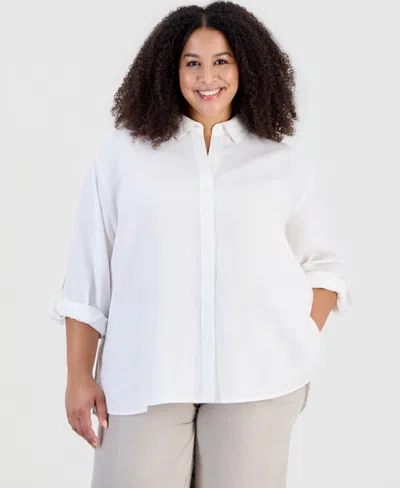 Charter Club Plus Size Linen Roll-tab Sleeve Button-front Tunic, Macy's Exclusive In White