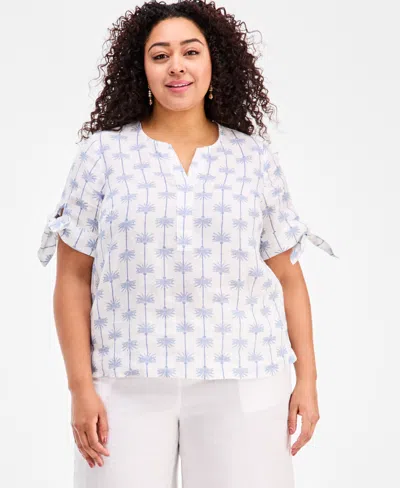 Charter Club Plus Size Linen Solid Split-neck Tie-cuff Top, Exclusively At Macy's In White