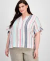 Charter Club Plus Size Linen Striped Tie-sleeve Blouse, Exclusively At Macy's