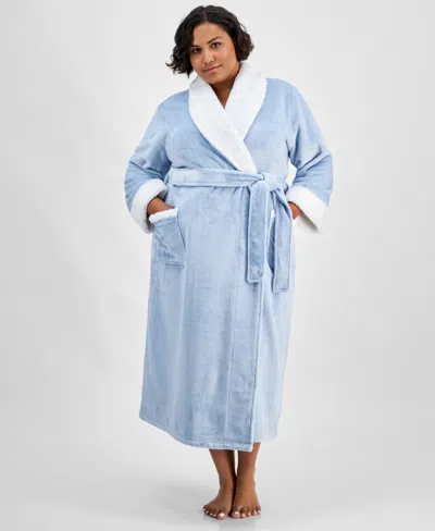 Charter Club Plus Size Long Plush Fleece-trim Robe, Created For Macy's In Dolphin Blue