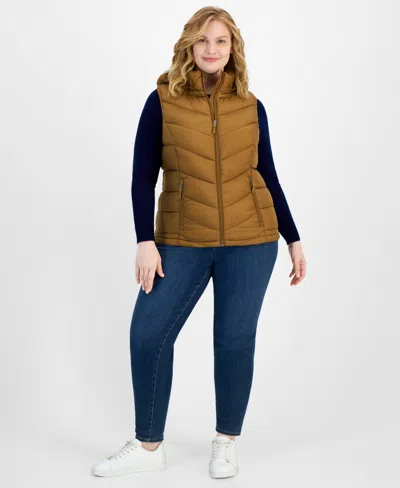 Charter Club Plus Size Packable Hooded Puffer Vest, Created For Macy's In Chestnut