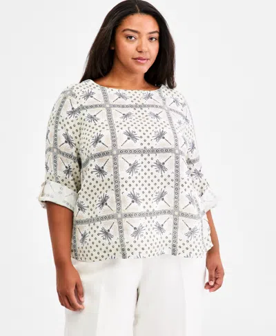 Charter Club Plus Size Printed Linen Top, Macy's Exclusive In Gray
