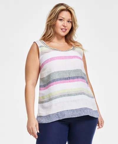 Charter Club Plus Size Printed Scoop-neck 100% Linen Top, Created For Macy's In Cool Olive Combo