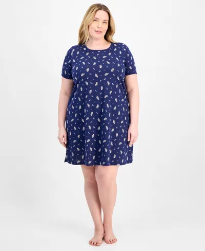 Charter Club Plus Size Printed Short-sleeve Sleepshirt, Exclusively At Macy's In Blue