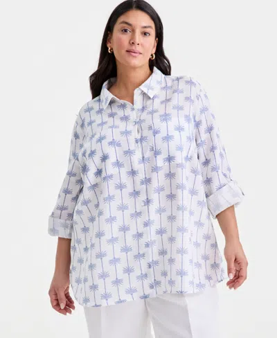 Charter Club Plus Size Roll-tab 100% Linen Shirt, Macy's Exclusive In Multi
