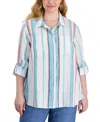 CHARTER CLUB PLUS SIZE STRIPED LINEN BUTTON-FRONT SHIRT, CREATED FOR MACY'S