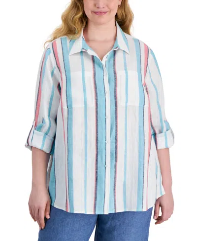 Charter Club Plus Size Striped Linen Button-front Shirt, Created For Macy's In Bright White Combo