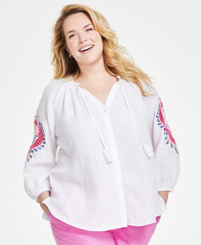 Charter Club Plus Size Tassel-tie Open-embroidery Blouse, Created For Macy's In Bright White