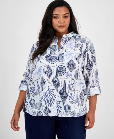 Charter Club Plus Size Toile Affar Button-front Linen Shirt, Exclusively At Macy's In Bright White
