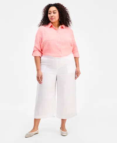 Charter Club Plus Size Woven Linen Cropped Wide-leg Pants, Macy's Exclusive In Pink